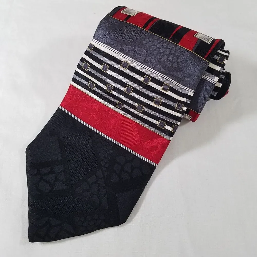 Carlo Palazzi Couture‎ Silk Neck Tie Black Red Gray Stripes 56x3.5